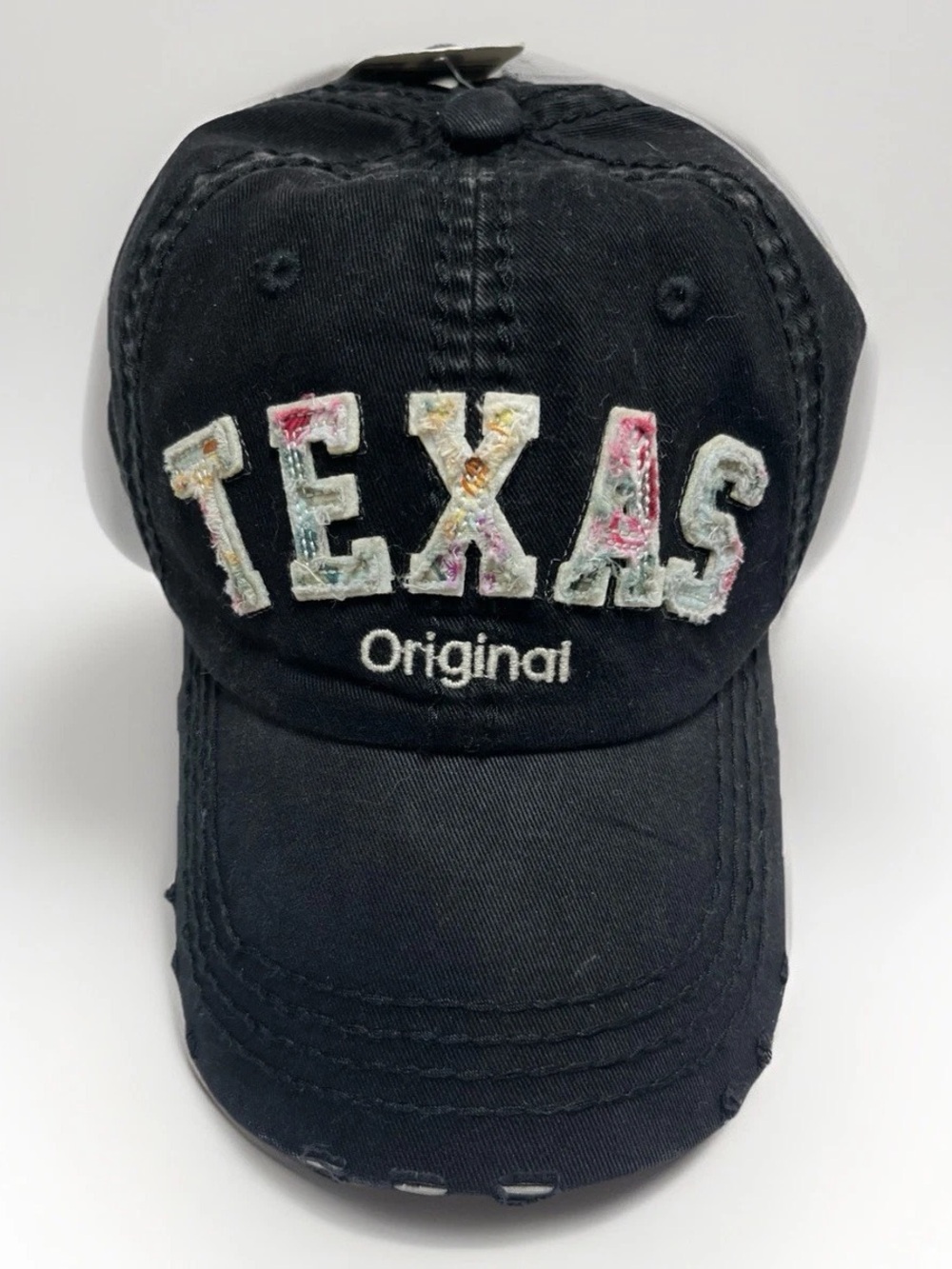 Robin Ruth TEXAS Original Floral Appliqué Distressed Black Baseball Cap